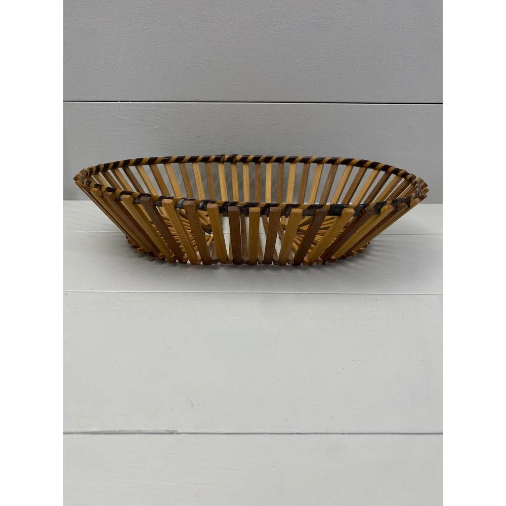 Ambee Basket Bamboo Slat Sunburst‎ Basket Vintage Boho MCM Decor